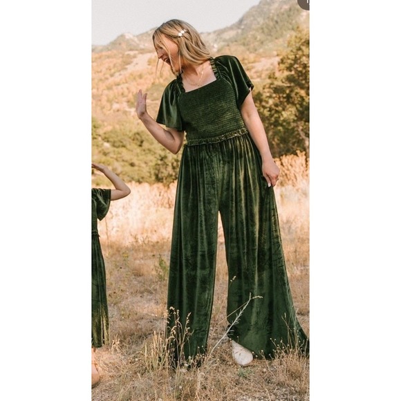 Ivy City Co. Pants - Ivy City Co Velvet Jumpsuit Forest Green Smocked Wide Leg Whimsygoth XS